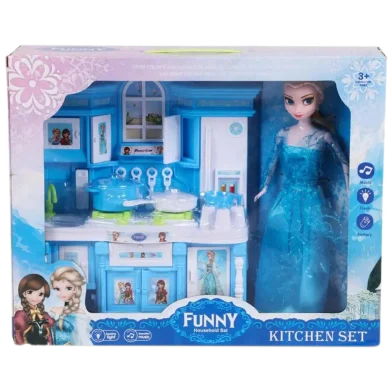 Household Kitchen Play Set With Dazzling Light and Music For Girls With A Beautiful Elsa Doll (boxkitchen_frozen_blue_11)