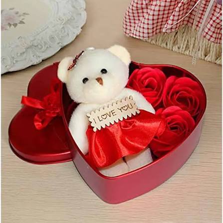 Heart-Shaped Red Box With Teddy And Roses Valentine Day Best Love Gift For Girlfriend -Multi-Color - Love Box